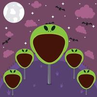 Alien Character in Field and On Night. Vector And Illustration
