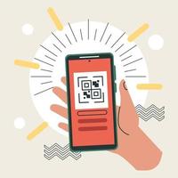 hand lifting smartphone with qr code vector