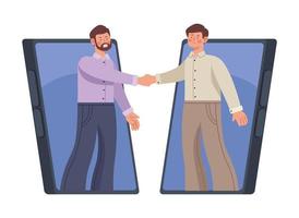 handshake businessmen in smartphones