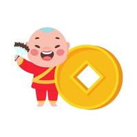 Chinese children wear red national costumes with golden yuan. vector