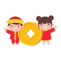 Chinese children wear red national costumes with golden yuan. vector