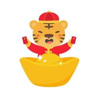 Chinese children wear red national costumes with golden yuan. vector