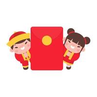 Los niños chinos usan trajes nacionales rojos para celebrar el año nuevo chino. vector