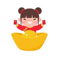 Chinese children wear red national costumes with golden yuan. vector