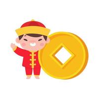 los niños chinos visten trajes nacionales rojos con yuanes dorados. vector