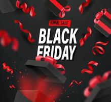 Banner de vector de venta final de viernes negro con cintas rojas y cajas de regalo