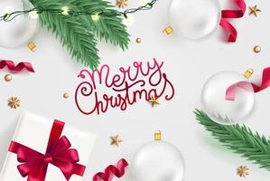 Christmas flat lay illustration with traditional christmas elements and lettering inscription vector