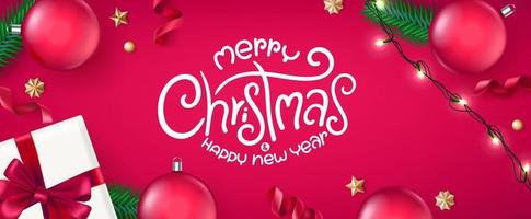 Christmas flat lay background with holiday elements and lettering inscription vector