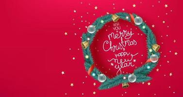 Greeting card with copy space. Christmas wreath with traditional christmas elements and lettering inscription. vector