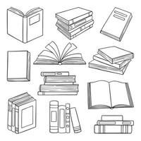 conjunto de libros de la biblioteca doodle. pila de libros, libros abiertos y cerrados en estilo boceto. Ilustración de vector dibujado a mano aislado sobre fondo blanco.
