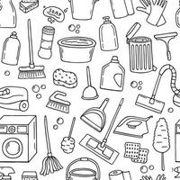 Seamless pattern of cleaning service doodle. Sketch of cleaning equipments, sponge, bucket, mop, vacuum, broom. White seamless background. Hand drawn vector illustration.