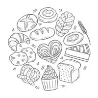 Set of bakery doodle. Cupcake,  bread, baguette, croissant, bun, biscuit in sketch style. For banner, print, poster and menu bakery shop. Hand drawn vector illustration isolated on white background.