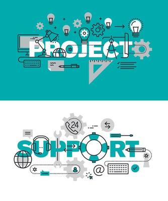 Set of modern vector illustration concepts of words project and support