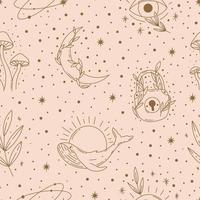 Contemporary Magical seamless pattern. Mystic vector mushrooms, moon, lock, leaf, whale