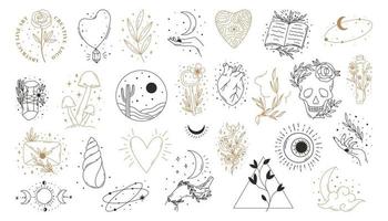 Boho mystic doodle esoteric set. Magic line art poster with moon, key,shell, mushrooms. vector