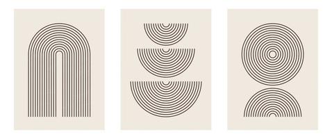 Set of Mid century modern minimalist art print with organic natural shape. Abstract contemporary aesthetic background with geometric Minimal black line on beige. Boho wall decor. vector