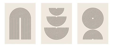 Set of Mid century modern minimalist art print with organic natural shape. Abstract contemporary aesthetic background with geometric Minimal black line on beige. Boho wall decor. vector