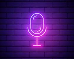 Microphone neon icon. Mic on brick wall background. Studio record concept. Vector illustration can be used for neon signs, billboards, radio stations, broadcasting