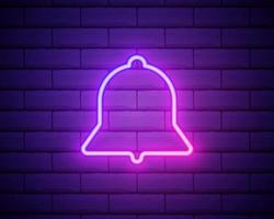 Glowing neon line Bell icon isolated on brick wall background. New Notification icon. New message icon. Colorful outline concept. Vector