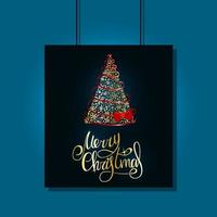 Merry Christmas. Golden Handwritten lettering. A card with lush golden Christmas tree made of snowflakes with red ribbons and bow on a dark blue background. New Year 2022. vector