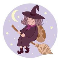 Cute cartoon vector illustration of Witch Befana - traditional Italian Christmas Epiphany magic character, flying on a broomstick, night sky background