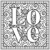 love words with mehndi flowers for coloring book page doodle ornament