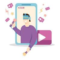 Young adult man streaming in vr helmet, watching live streaming on the smartphone, illustration in a flat style, isolated on a white background. vector