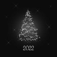 Magic white Christmas tree of snowflakes with a sparkling stars on a dark gray background. Merry Christmas and Happy New Year 2022. Vector illustration.