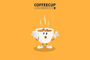 Cartoon coffee cup mascot, vector illustration of a cute white coffee cup character mascot
