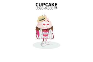 Cartoon cupcake mascot, vector illustration of a cute pink cupcake character mascot