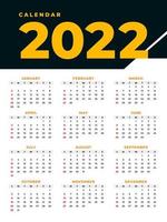 Simple editable vector calendar for year 2022 mondays first, sundays on black and yellow, easy to edit and use