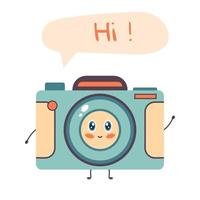 Cute character photo camera. Happy camera says hi. Flat vector illustration in cartoon style.