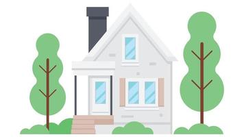 Suburban house exterior front view with roof and some trees. Polygonal style house or building. Flat design vector illustration.