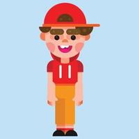 Happy cute little kid boy standing and wearing hoodie and cap. Flat style boy is standing in clothes and shoes. vector illustration