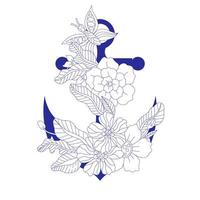 Ancla azul decorada con flores de contorno bohemio doodle, aislado sobre fondo blanco, concepto marino. Ilustración de vector dibujado a mano en estilo vintage.