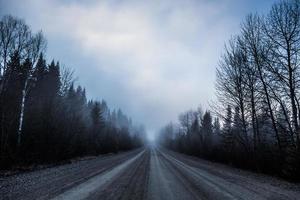 Spooky Fog and Bad Visibility on a Rural Road in Forest photo