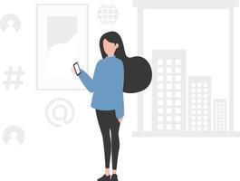 A girl standing and using mobile phone. vector