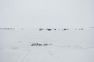 Ice Smelt Fishing Shack during a Freezing and Windy Day of Winter in Quebec photo