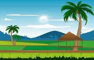 Hut Asian Paddy Rice Field Agriculture Nature View Illustration vector