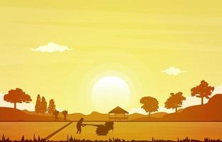 Sunrise Asian Farmer Paddy Rice Field Agriculture Nature Illustration vector