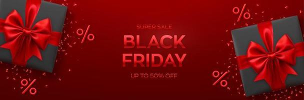 Black Friday Super Sale. Black Realistic gifts boxes with red bows on red background with present boxes and percent symbols. Horizontal banner, poster, header website. Vector illustration.