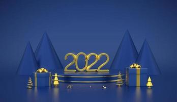 Happy New 2022 Year. 3D Golden metallic numbers 2022 on blue stage podium. Scene, round platform with gift boxes and golden metallic pine, spruce trees on blue background. Vector illustration.