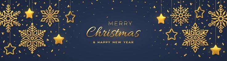 Fondo azul navideño con copos de nieve dorados brillantes colgantes y estrellas metálicas 3d. feliz navidad tarjeta de felicitación. cartel de vacaciones de navidad y año nuevo, banner web. ilustración vectorial. vector