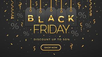 Black friday sale, shopping promotion. Price tag coupons hanging on gold ropes with golden letters and Percent symbol for Black Friday discount for decoration on black background. Vector illustration.