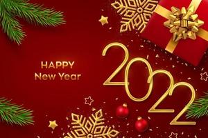 Happy New 2022 Year. Golden metallic numbers 2022 with gift box, shining snowflake, pine branches, stars, balls and confetti on red background. New Year greeting card or banner template. Vector. vector