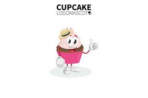 Cartoon cupcake mascot, vector illustration of a cute pink cupcake character mascot