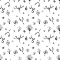 Christmas seamless pattern with hand drawn evergreen and mistletoe branches, cones and berries isolated on white background. Vector illustration in vintage sketch style