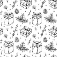 Christmas seamless pattern with hand drawn gift boxes with beautiful bows, pinecones, holly leaves, berries. Vector illustration in vintage sketch style