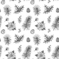 Christmas seamless pattern with hand drawn Christmas tree branches, cones and holly berries isolated on white background. Vector illustration in vintage sketch style