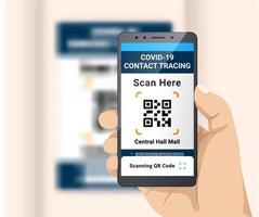 Scanning Covid-19 Contact Tracing for Entering Location Illustration. Hand Holding Smartphone and Scan QR Code Vaccination Certificate or Passport Card as proof that you have been vaccinated vector